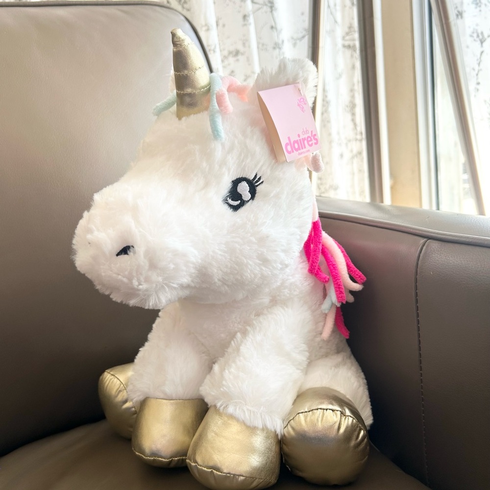 Claire's White Unicorn Plush 14”inch Aurora with Gold and Pink Details